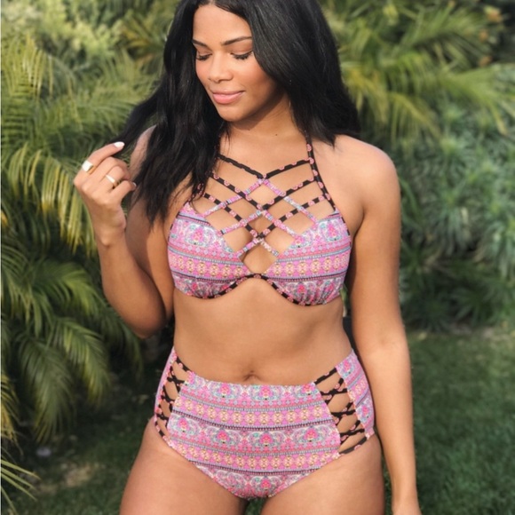 Shade & Shore Multicolor Paisley Halter Neck Bikini 36DD High Waisted Swimsuit L - Picture 1 of 11